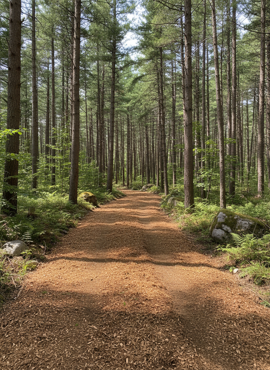A freshly cut off-road trail winding through dense Brainerd Lakes Area forest, the trail surface cleanly mulched and leveled by forestry equipment. In the foreground, the trail curves gently to the left, its surface a mix of compacted soil and shredded wood, framed by tall, straight pines and scattered granite rocks. The bordering vegetation is neatly trimmed back, revealing clear sightlines while preserving a natural, rustic feel. Midday natural light filters through the canopy, creating dappled patches of brightness on the trail and subtle shadows in the undergrowth. Photographic realism from a low, forward-looking angle that puts the viewer at trail level, inviting exploration. The mood is adventurous but controlled, emphasizing safe, professional trail creation for ATVs, UTVs, and access roads.