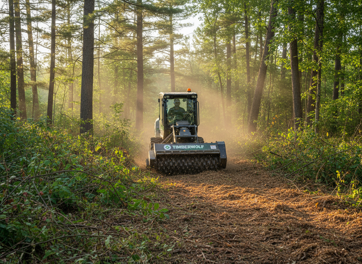 A powerful compact forestry mulcher with fresh, clean branding on the side, grinding through dense underbrush in a mixed pine and hardwood stand in the Brainerd Lakes Area, Minnesota. The machine’s steel teeth chew through saplings and brush, leaving a smooth, even mulch carpet behind it. Early morning natural light filters through tall pines, catching particles of dust and wood chips in the air. Photographic realism from a slightly elevated three-quarter angle, with clear before-and-after contrast across the frame: tangled, overgrown land on one side, neatly mulched, accessible ground on the other. The mood is professional, efficient, and capable, with sharp focus throughout and rich, natural colors.