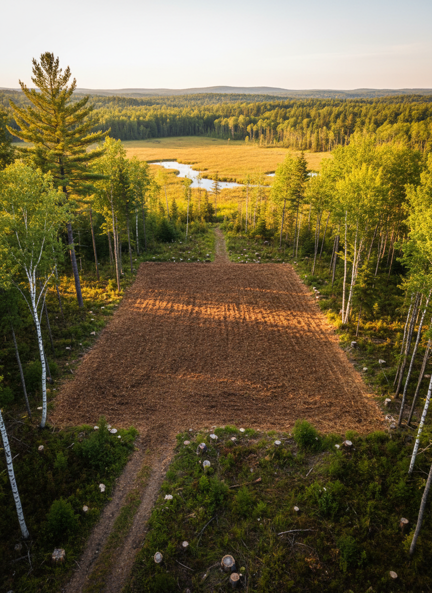 A newly created hunting plot carved into northern Minnesota woodland, the rectangular clearing edged by mature pines, birch, and low brush. The mulched ground is an even mix of rich brown soil and finely shredded wood, with a narrow access trail leading from the foreground into the plot. An elevated vantage point shows nearby wetlands and distant tree lines, subtly suggesting abundant wildlife habitat. Late afternoon golden-hour sunlight casts long, warm shadows from the trees onto the clearing, giving the scene a rugged yet organized feel. Photographic realism with crisp detail in grasses, stumps, and mulch texture, composed using the rule of thirds to highlight the open plot as the focal point. The atmosphere is purposeful and outdoorsy, ideal for serious landowners and hunters.