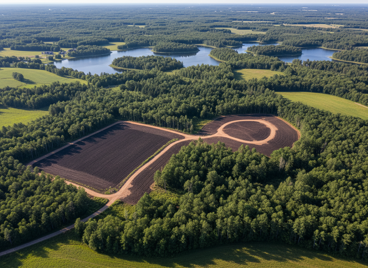An expansive aerial-style view of a large rural property in the Brainerd Lakes Area, showing multiple forestry mulching projects in one frame. One section highlights a clean rectangular hunting plot, another a winding mulched access trail, and a third an open, leveled house-site clearing. Patches of untouched forest separate each project, preserving natural habitat. The surrounding landscape features glimmering lakes, scattered farm fields, and rolling mixed woodland. Late morning natural light from a high sun provides bright, even illumination with soft shadows from tree lines, allowing clear visual differentiation between treated and untreated areas. Photographic realism with wide depth of field, composed to feel like a planning map made visible on the land. The mood is strategic and organized, emphasizing comprehensive land management solutions.