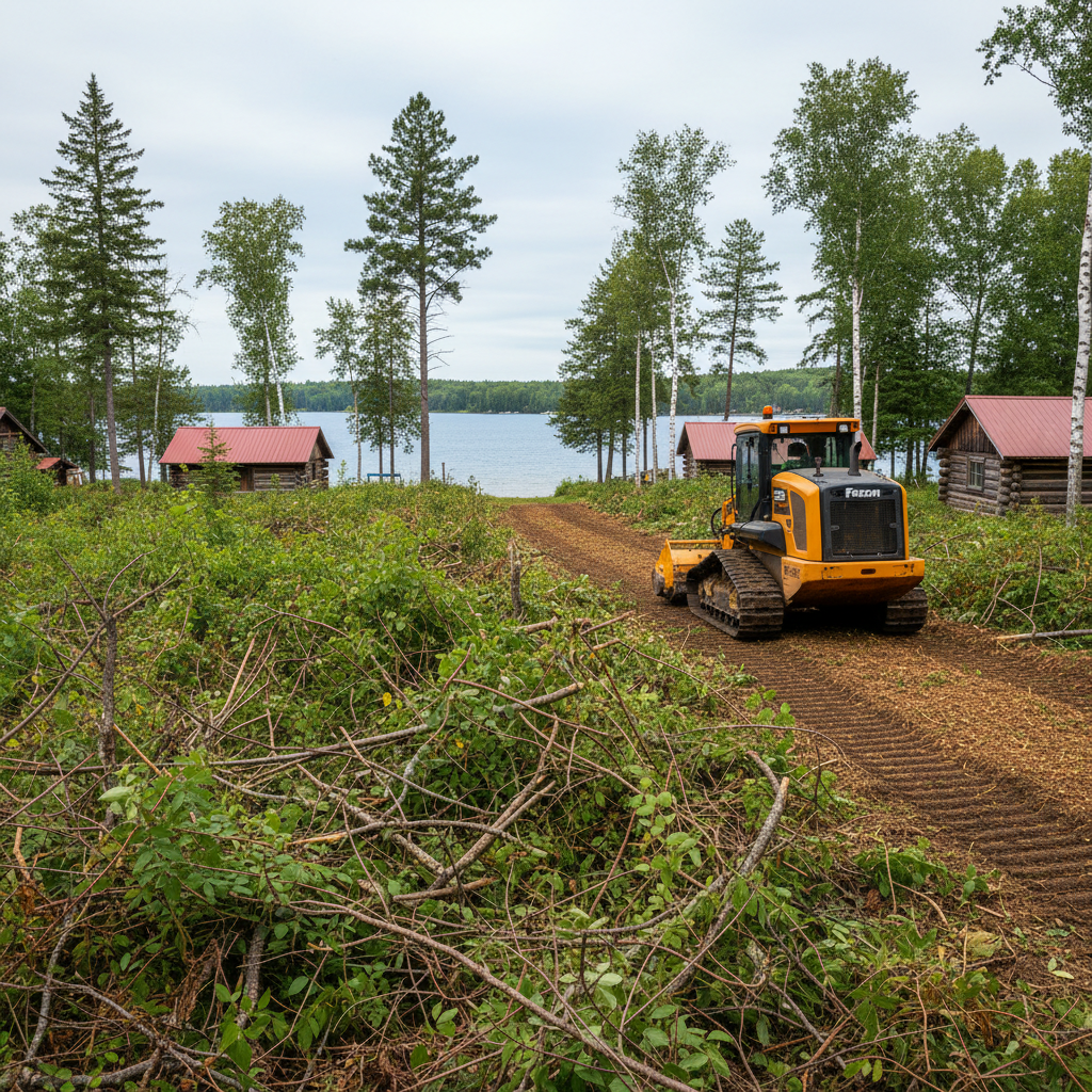 A wide, panoramic view of an overgrown Minnesota lakes-area property being reclaimed by forestry mulching. In the foreground, rough, tangled brush, invasive shrubs, and fallen branches dominate. Mid-frame, a tracked mulching machine has opened a clean corridor, its steel tracks imprinting the soft soil and its head resting on a fresh bed of shredded mulch. In the distance, glimpses of a calm blue lake and scattered cabins appear between tall pines and birch trees. Soft overcast daylight creates even, diffused lighting with minimal harsh shadows, emphasizing detail in both cleared and uncleared areas. Photographic realism with a broad depth of field, composed to show a clear transformation from wild to managed land, conveying order, clarity, and long-term property improvement.