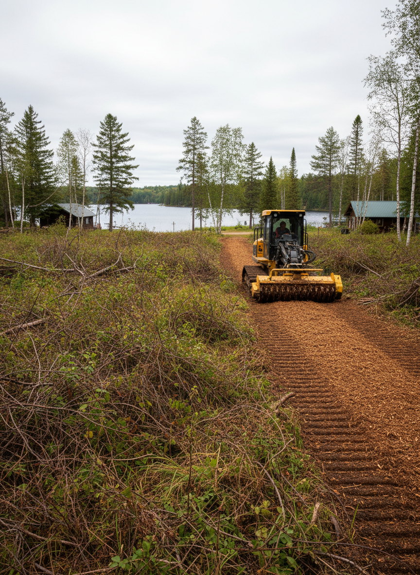 A wide, panoramic view of an overgrown Minnesota lakes-area property being reclaimed by forestry mulching. In the foreground, rough, tangled brush, invasive shrubs, and fallen branches dominate. Mid-frame, a tracked mulching machine has opened a clean corridor, its steel tracks imprinting the soft soil and its head resting on a fresh bed of shredded mulch. In the distance, glimpses of a calm blue lake and scattered cabins appear between tall pines and birch trees. Soft overcast daylight creates even, diffused lighting with minimal harsh shadows, emphasizing detail in both cleared and uncleared areas. Photographic realism with a broad depth of field, composed to show a clear transformation from wild to managed land, conveying order, clarity, and long-term property improvement.