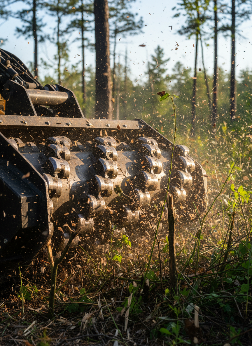 A close-up, detail-focused shot of a forestry mulcher head in action, its heavy-duty steel teeth biting into a cluster of saplings and brush. Individual wood chips and splinters fly outward, frozen mid-air in razor-sharp photographic realism. The background shows a blurred suggestion of Brainerd Lakes Area woodland, with tall pines and mixed hardwoods out of focus. Strong side lighting from late afternoon sun creates gleaming highlights on the metal, emphasizes the rugged texture of bark and mulch, and casts dramatic shadows beneath the head. The composition uses a shallow depth of field and tight framing to make the equipment look robust, precise, and dependable. The mood is powerful and technical, underscoring the capability and quality of professional-grade forestry mulching equipment.