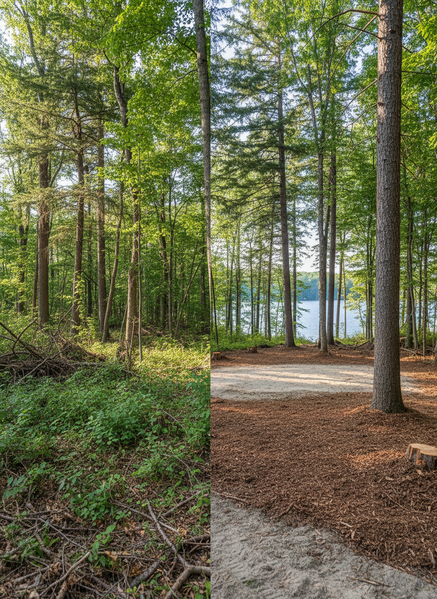 A dramatic before-and-after split-style composition of a future house site in northern Minnesota forest. On the left side, thick brush, small trees, and tangled undergrowth obscure the ground. On the right side, the same area is cleanly mulched and graded, with a defined building pad surrounded by selectively preserved mature trees. The foreground shows textured mulch and exposed, level soil; the background reveals a glimpse of a nearby lake through the now-open tree line. Soft, bright afternoon light evenly illuminates both halves, with realistic shadows under remaining trees. Photographic realism with sharp focus, emphasizing stumps cut low, tidy debris management, and clear access for construction. The atmosphere communicates transformation, readiness, and professional land preparation for new home builds.
