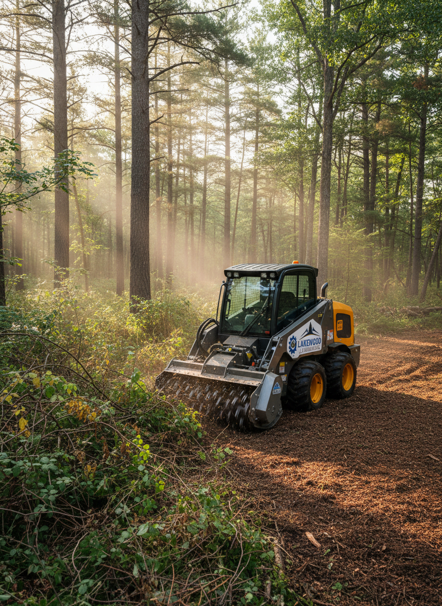 A powerful compact forestry mulcher with fresh, clean branding on the side, grinding through dense underbrush in a mixed pine and hardwood stand in the Brainerd Lakes Area, Minnesota. The machine’s steel teeth chew through saplings and brush, leaving a smooth, even mulch carpet behind it. Early morning natural light filters through tall pines, catching particles of dust and wood chips in the air. Photographic realism from a slightly elevated three-quarter angle, with clear before-and-after contrast across the frame: tangled, overgrown land on one side, neatly mulched, accessible ground on the other. The mood is professional, efficient, and capable, with sharp focus throughout and rich, natural colors.
