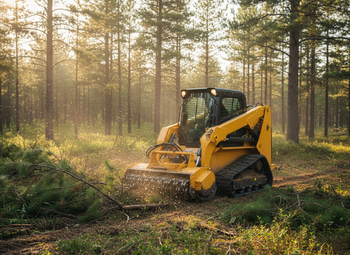 A bright yellow compact track loader (skid steer) with rubber tracks and a forestry mulching head attachment on the front, actively mulching trees and brush in a Minnesota pine forest. The machine is completely plain yellow with absolutely no logos, no brand markings, no text, no decals, no stickers anywhere on it. The mulching head is clearly visible on the front — a large drum-style forestry mulcher with teeth/cutters. Rubber tracks clearly visible. Natural pine forest background with chips and debris flying. Wide landscape orientation, realistic high quality photography style, golden hour lighting.