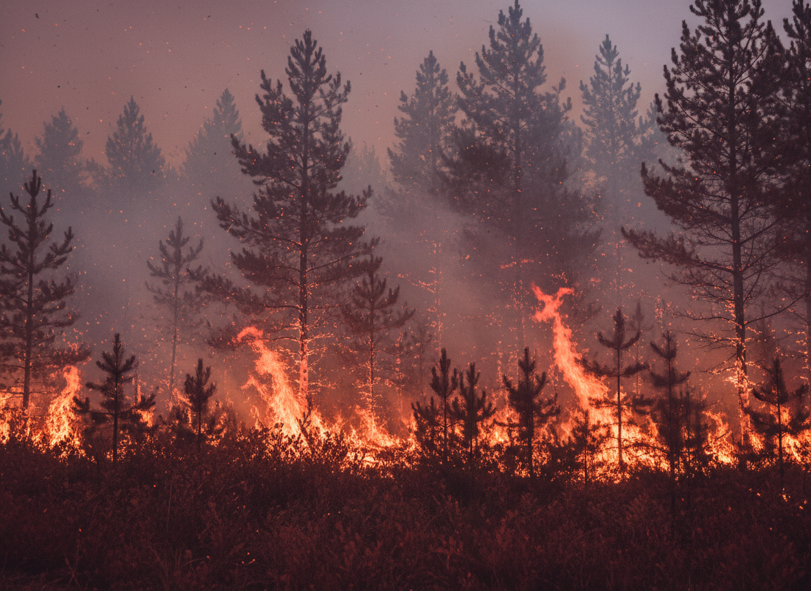 A misty Minnesota pine forest with a subtle smoky haze in the distance, soft morning light filtering through tall trees, moody and atmospheric, professional nature photography style, no visible flames